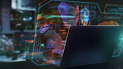Wall Mural - programmer working with futuristic interface and digital data analyzing software