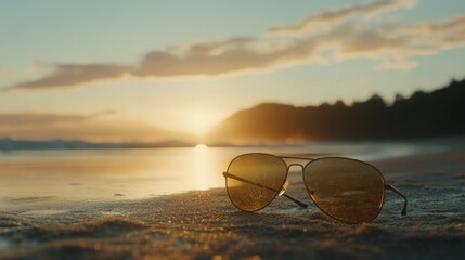 Aufkleber - Aviator sunglasses rest on wet sand, showcasing the golden hues of a sunset reflected in the lenses. The scene captures a tranquil summer vibe perfect for vacations
