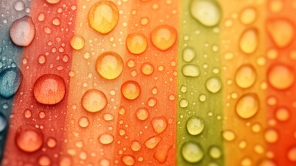 Aufkleber - Colorful water droplets rest on a delicate flower petal, reflecting light and creating a vibrant effect with soft focus, leaving room for text on the right side