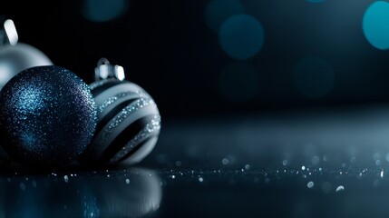 Aufkleber - Silver and white Christmas ornaments rest on a reflective surface, illuminated by soft natural light to enhance the holiday spirit and sparkle