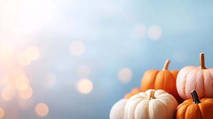 Aufkleber - Colorful small pumpkins in shades of orange, white, and pink create a cheerful autumn atmosphere against a soft blue background with copy space