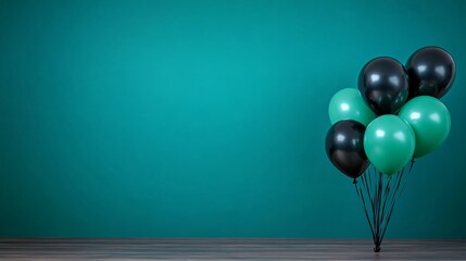 Fototapete - Vibrant green and black balloons cluster together against a rich blue backdrop, reflecting soft light and evoking a joyful, celebratory mood
