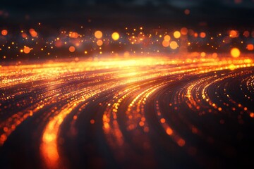 Fototapete - Close-up view of dynamic fiber optic cables creates stunning abstract patterns with vibrant multicolored lights, set against a dark background for visual impact