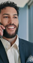 Poster - Man, phone call and smile by window at office with networking, negotiation or contact at real estate agency. Person, realtor and happy for talk on smartphone, feedback and deal for property investing