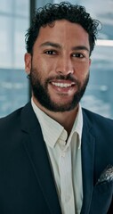 Poster - Tablet, office and face of business man with smile for research, internet and online for finance company. Happy, corporate and portrait of worker on tech for career, job or financial consultant