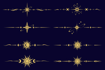 magic border with stars and moon. celestial mystic ornament. astrology tarot golden elements with su