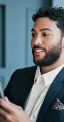 Aufkleber - Man, tablet and video call with smile at office for networking, negotiation or contact at real estate agency. Person, realtor and wave for talk on smartphone, feedback and deal for property investing