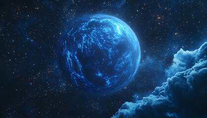 Stunning view of a blue planet surrounded by stars and clouds.