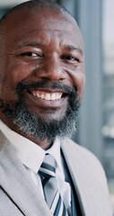 Poster - Window, office and face of business black man with confidence, about us and smile for finance company. Professional, corporate and portrait of mature worker for career, pride and financial consultant