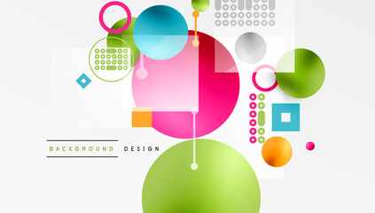 Fototapete - Abstract colorful shapes overlap, creating dynamic composition. Circles, squares, lines form modern design. Bright hues contrast against white backdrop.