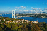 Istanbul Bosphorus Bridge(July 15 Martyrs Bridge). Aerial view of the Bosphorus Bridge with drone on a cloudy day. Unique view of Istanbul. Turkiye.