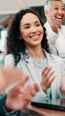 Poster - Happy people, applause and meeting with thank you for presentation, congratulations or celebration at office. Group, team or excited employees clapping with smile for support, motivation or success