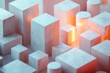 Fototapete - Abstract 3D rendering of geometric shapes, illuminated with warm light, creating a modern and minimalist composition.