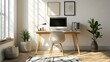 © nuyirdna - Sunlit Minimalist Home Office: Modern Desk, Plants, and Art