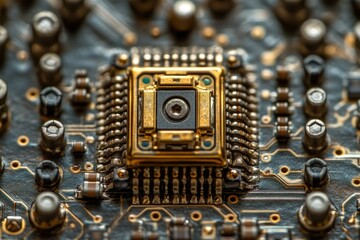 Aufkleber - Close-up of a gold-plated microchip on a circuit board, showcasing intricate electronic components.