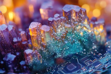 Poster - Vibrant crystals resembling a futuristic cityscape, dramatically illuminated on a circuit board.