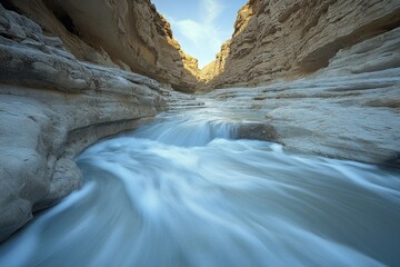 Aufkleber - Serene stream flows through a narrow canyon with light-colored rock walls under a partly cloudy sky.