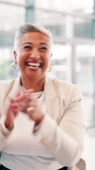 Poster - Excited, business people and meeting with hands together or applause in celebration for winning at office. Happy group, team or employees piling with smile in huddle for unity, achievement or success