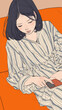 © 963k - ポップな色合いと滑らかな線画で描かれた女性の日常シーン、昭和レトロ風のファッションと室内インテリアが融合したおしゃれなアニメ調イラストのストック素材。スマートフォン9:16のアスペクト比