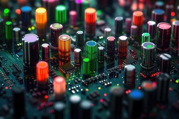 Aufkleber - Close-up of a vibrant, colorful circuit board showcasing numerous electronic components.