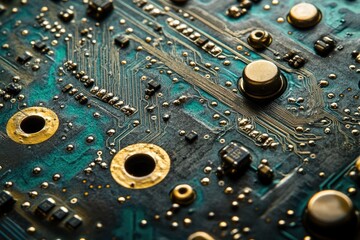 Aufkleber - Close-up of a circuit board showcasing intricate circuitry and electronic components.