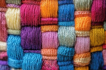 Aufkleber - Close-up of vibrant multicolored yarn woven into a textured fabric, showcasing intricate detail and a variety of colors.