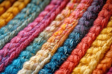 Aufkleber - Close-up of multicolored knitted fabric showcasing vibrant yarn textures and rich hues.