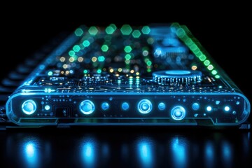 Leinwandbilder - Futuristic transparent circuit board with glowing blue lights, showcasing intricate technology and data processing.