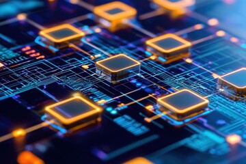 Wall Mural - close-up view of high-tech circuit board with glowing microchips