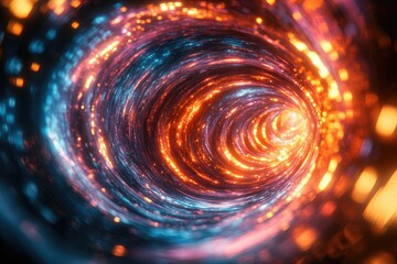 Poster - A mesmerizing spiral of vibrant orange and blue light, creating an illusion of a swirling vortex or tunnel.