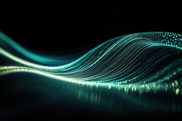 Fototapete - Abstract teal wave of particles flowing in dark background. Digital art, technology, and futuristic concept.