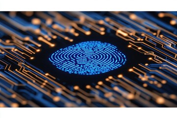 Wall Mural - blue fingerprint illustration on circuit board background for tech