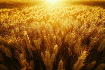 Poster - Golden wheat field bathed in the warm glow of sunset, a picturesque scene of agricultural abundance.