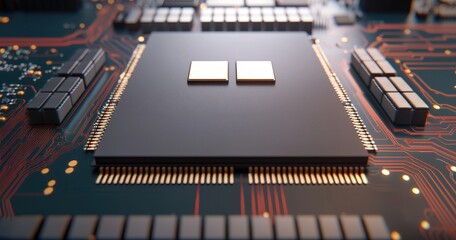 Wall Mural - close-up view of microchip on circuit board with electrical connectors