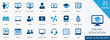 © Nagma - A clean and modern vector icon set representing online education and virtual learning. Includes icons of students, teachers, laptops, graduation caps, certificates, video tutorials, and e-learning too
