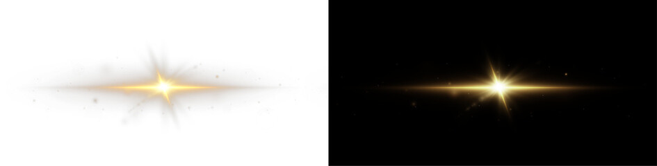 Fototapete - Light rays of light horizontal golden color with glare and flashes isolated on a transparent background. Light star gold png. Light sun gold png. Light flash gold png. Powder png.	
