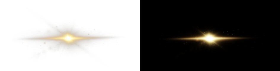 Fototapete - Light rays of light horizontal golden color with glare and flashes isolated on a transparent background. Light star gold png. Light sun gold png. Light flash gold png. Powder png.	
