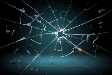 Wall Mural - a shattered glass effect with intricate cracks radiating from a central point, set against a dark, s