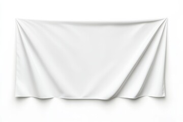 Fototapete - Clean white banner unfurled, softly draped against a stark white wall, minimalist elegance in presentation. Ideal for promotional display or background.