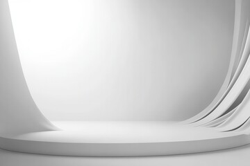 Fototapete - A minimalistic white studio with smooth architectural features and a circular stage bathed in soft light. Ideal for product presentation.