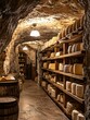 © ckybe - The cheese cave maturation features artisanal cheeses aging on wooden shelves within natural stone walls, providing optimal humidity and temperature for flavor enhancement.