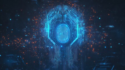 Digital Fingerprint Scan Blue glowing circuit board with data transfer on dark background