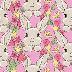 Poster - Hand Drawn Cute Rabbits and Flower background vector seamless, Little Bunny pattern Kids print