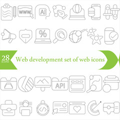  Web development set of web icons in line style. Developer icons for web and mobile app. Code, api, programmer coding, app, flow, node connect, web coder