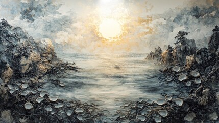 Wall Mural - landscape painting shows water sun trees and mountains in a serene style.
