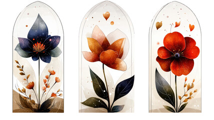 Poster - Three elegant floral designs are displayed in arched frames, each featuring unique flower with vibrant colors and intricate details. background is soft, enhancing beauty of flowers