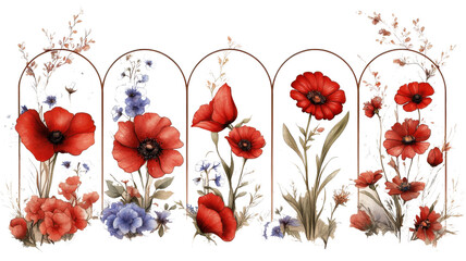 Poster - series of elegant floral designs featuring vibrant red poppies and delicate blue flowers, arranged arched pattern. intricate details and harmonious colors create serene and artistic composition