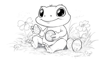 Poster - cute cartoon frog sits happily in grassy field, holding decorated eggs. scene is surrounded by flowers and clouds, creating playful and whimsical atmosphere