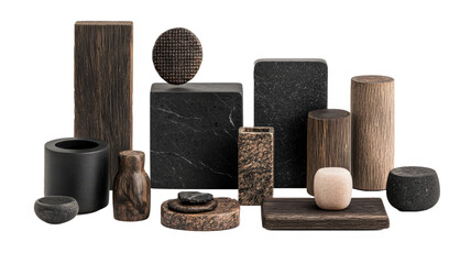 Aufkleber - collection of various textured and shaped wooden and stone blocks is arranged clean transparency background, showcasing minimal mood board. natural tones and textures create harmonious and earthy