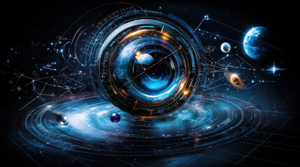 Poster - futuristic and intricate piece of metal art illustration depicts cosmic scene with planets, stars, and central mechanical structure. vibrant colors and celestial elements create sense of wonder